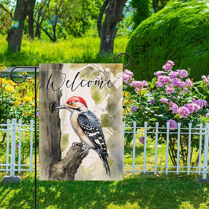 Artofy Welcome Woodpecker Small Decorative Garden Flag, Spring Summer Watercolor Bird Tree Yard Lawn Outside Decor, Seasonal Burlap Outdoor Home Decoration Double Sided 12 x 18