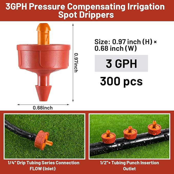 300 PCS 3 GPH Pressure Compensating Drip Irrigation Spot Dripper, High Flow Drip Irrigation Emitters Heads for Large Trees Bushes, Irrigation Drippers Parts for Orchard Large-Scale Outdoor Irrigation
