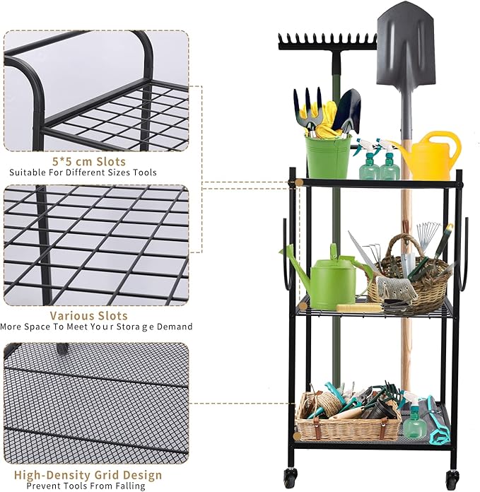 Uboway Garden Tool Organizer: Yard Tool Organizer for Garage with Water Hose Holder and Wheels, Up to 60 Long Handled Tools, Garden Tool Holder For Garage, Shed, Outdoor, Easy to Install, Black