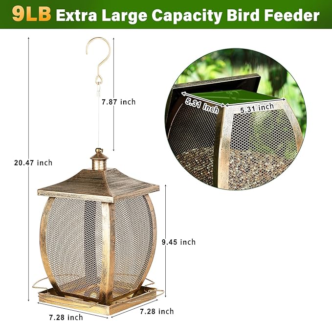 Bird Feeder, Heavy Duty Metal Wild Bird Feeders for Outdoors Hanging, 9 Lbs Extra Large Bird Feeder for Garden Yard Outside Backyard, Retro Lantern Shape