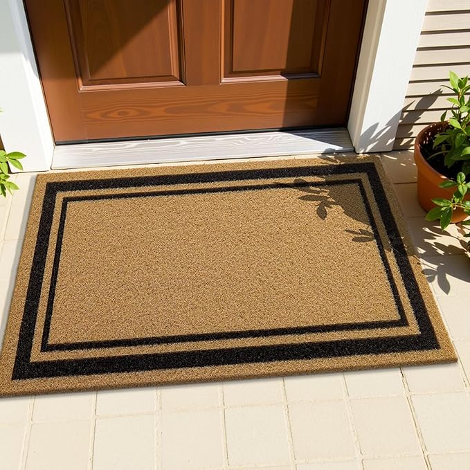 OLANLY Front Door Mat, Low Profile Doormat, Stain and Fade Resistant, Easy to Clean, for Indoor and Outdoor Entrances, Patio Porch or Entryway, Brown (30x17 Inch, Classic Border)