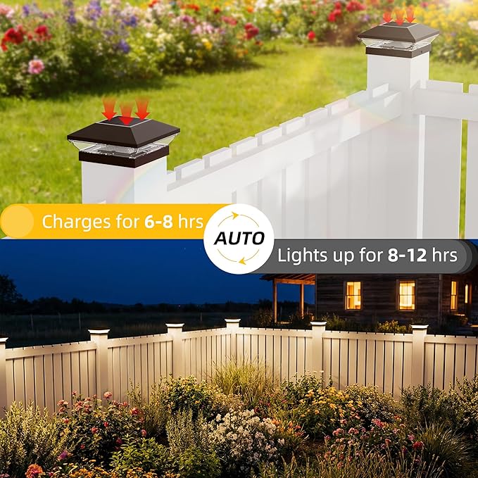 T-SUN Solar Post Cap Lights Outdoor 6 Pack, 2 Modes LED Fence Post Solar Lights Fit for 4x4 5x5 6x6 Vinyl/Wooden Posts, Waterproof Deck Post Lights Solar Powered for Garden Patio Gate Porch