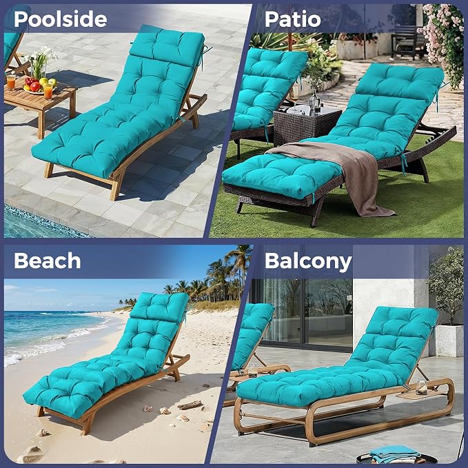 Outdoor Chaise Lounge Cushions 75.1x22.8x4.7 Inch, Waterproof Lounge Chair Cushions for Pool, Patio, Deck, Lawn, Fade Resistant Lounge Cushions for Outdoor Furniture with Ties, Teal