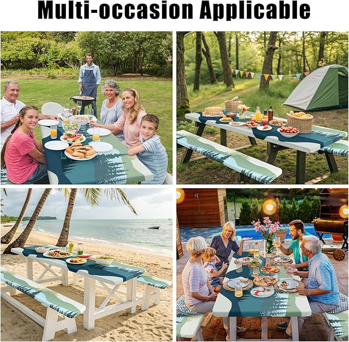 Smiry Picnic Table Cover with Bench Covers, Waterproof Elastic Fitted Tablecloth for 4 Foot Tables, Washable Polyester Tablecloths for Camping, Indoor & Outdoor (Green Blue, 24x48 Inch 3-pc Set)