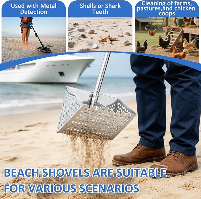 Sand Flea Rake, 65" Long Handle Stainless Steel Sand Sifter, 12" Wide Mesh Screen Beach Rake, Heavy Duty Shark Tooth Sifter for Seaside Collecting Sand Fleas, Shark Teeth, Seashells & MarineTreasures