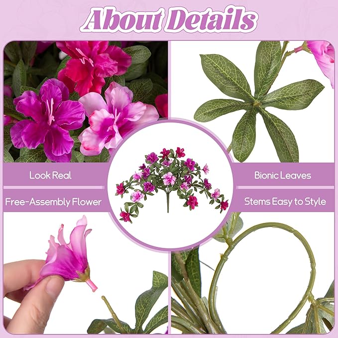 Ammyoo Artificial Fake Azalea Flowers for Outdoor Spring Decoration, Faux Silk Flower for Summer UV Resistant Look Real Plants for Garden Yard Porch Walkway Indoor Decor, 2PCS