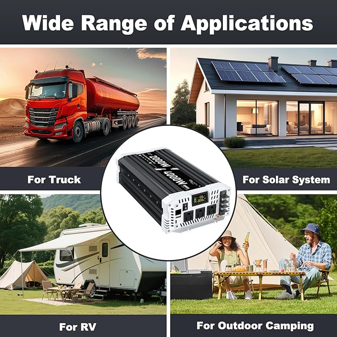 2000 watt Pure sine Wave Inverter, 12V DC to 110V AC Power Inverter, with 3 AC Output sockets, USB Port, Type-C Port, Remote Control with LCD Screen, Used for Solar Emergency Power Supply in RV Homes