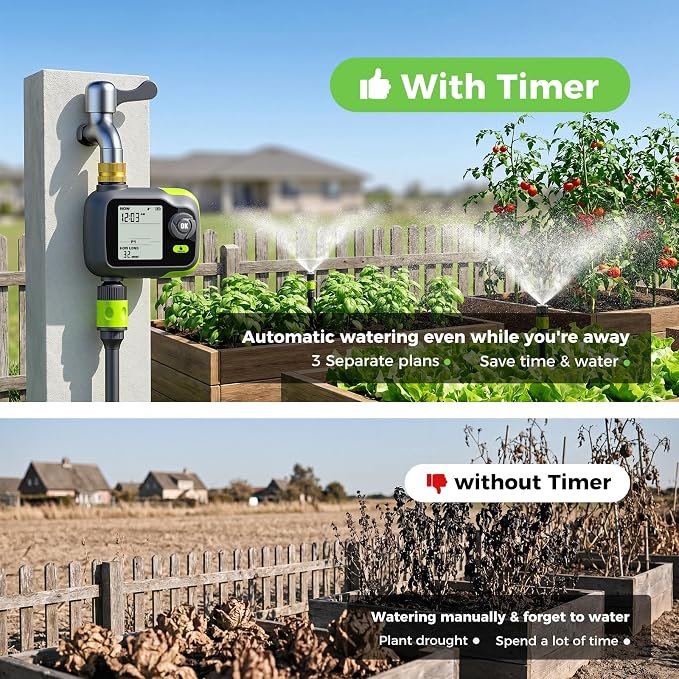Sprinkler Timer, Watering Timer Brass Inlet for Garden Hose, Programmable Hose Timers w/Rain Delay, Outdoor Soaker Auto& Manual Drip Irrigation Controller System for Lawn Yard Greenhouse