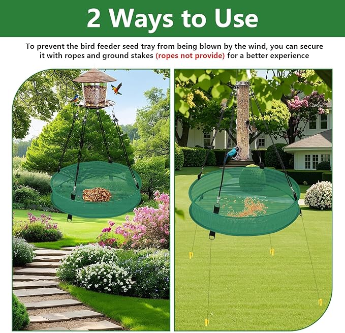 Lettry 2Pcs Bird Seed Catcher Tray with 8pcs Plastic Stakes for Hanging Bird Feeder Platform, Birdseed Hoop for Outdoor Garden Hanging Tray (Green, 16inch)