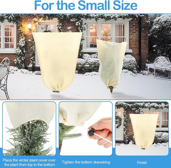 12 Pack Winter Plant Covers Freeze Protection 2 Size 47" x 32" and 24" x 32" Winter Frost Cloths Blankets with Zipper Drawstring Tree Covers for Outdoor Plants Shrubs Potted Trees(Beige)