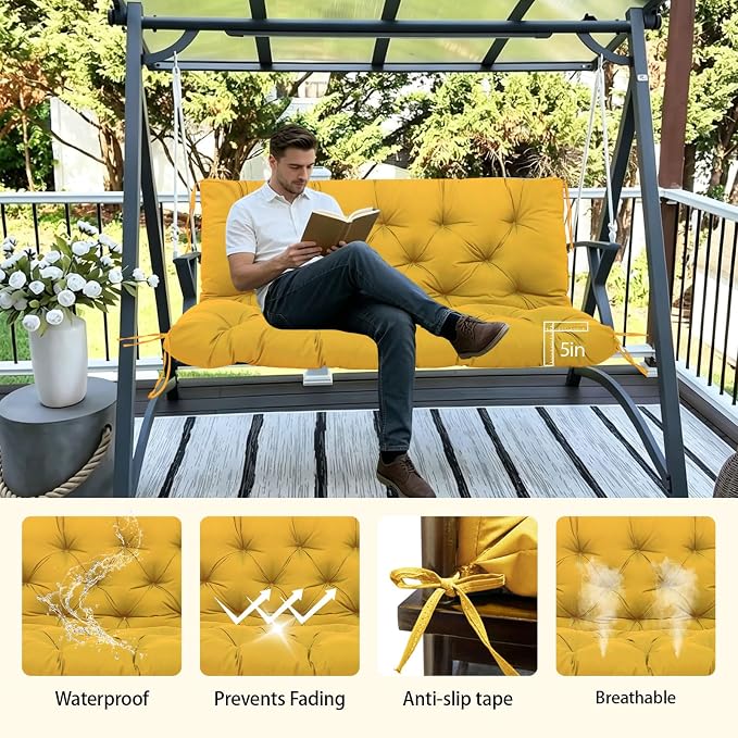5" Thick Waterproof Porch Swing Cushion 40 x 40 in 3 Seater Replacement Outdoor Swing Cushions with Back Support Patio Swing Cushion for Outdoor Bench Furniture