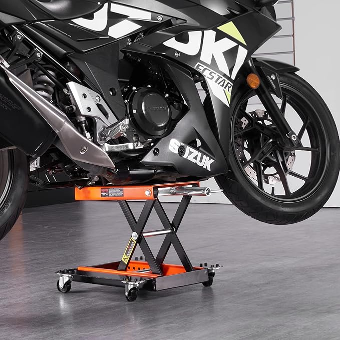 VEVOR Motorcycle Lift, 1100 LBS Motorcycle Lift ATV Scissor Lift Jack with Dolly & Hand Crank, Center Hoist Crank Stand with Wide Deck & Tool Tray for Street Bikes, Cruiser Bikes, Touring Motorcycles