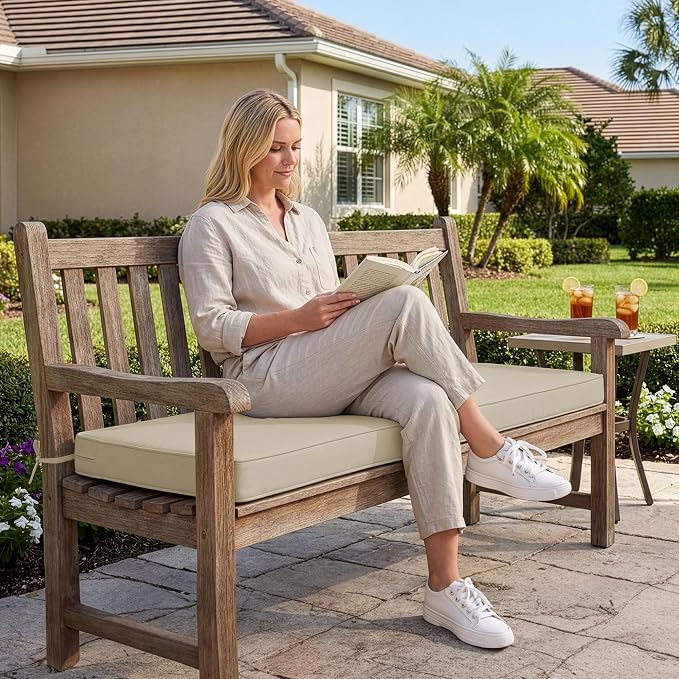 Summsun Outdoor Bench Cushion: Waterproof and Fade Resistant Patio Furniture Cushions - Non-Slip Bench Pad Cushion with Removable Cover for Garden Swing Porch Sofa Settee, 42 x 18 Inch, Beige