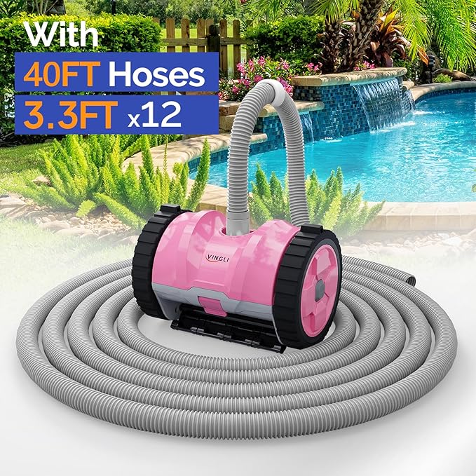 (2025 Upgrade) VINGLI Automatic Suction-Side Pool Vacuum Cleaner, Powerful Wall-Climbing Sweeper for Inground Pools, Includes 39.6ft Tangle-Free Hose (Pink&Gray)