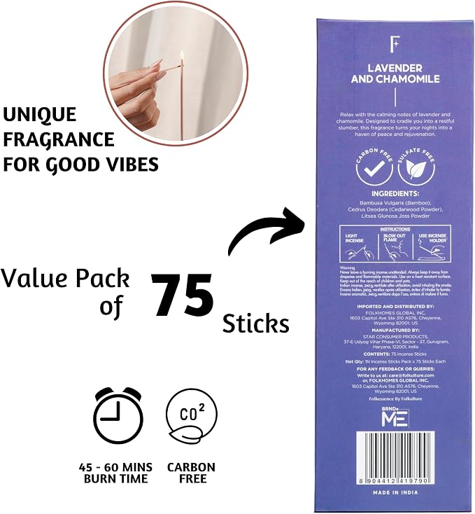 Folkulture Incense Sticks (75 Sticks) | 8" Premium Lavender & Chamomile Incense Sticks for Deep Sleep, Aromatherapy, Relaxation Gifts | No Charcoal, Non Toxic, 45 Mins, Long Burning Insence-Sticks