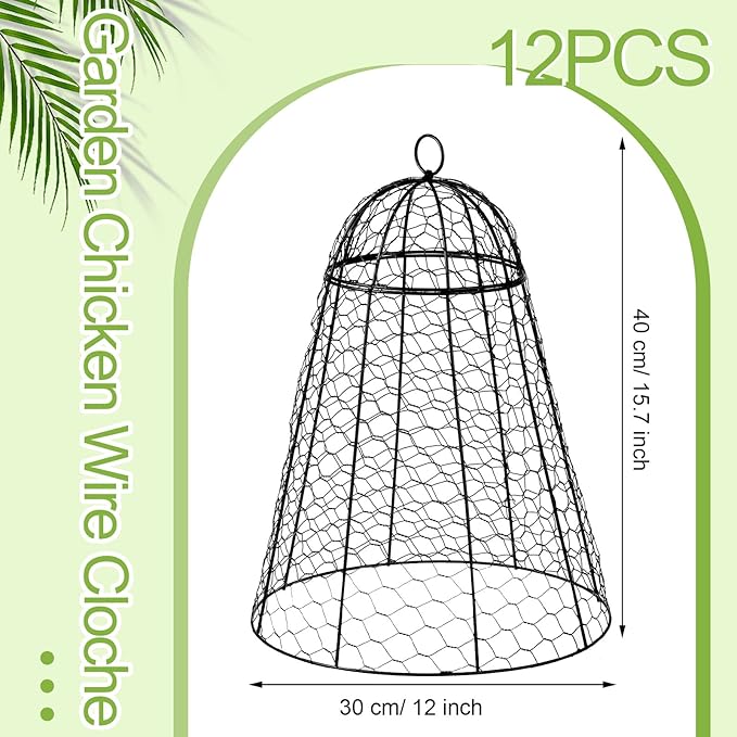 12 Pack Garden Chicken Wire Cloche, 12" W x 15.7" H Plant Protectors and Covers, Wire Garden Cloches from Animals, Metal Cage Plant Protection, Strong and Not Easy to Deform, No Assembly Required