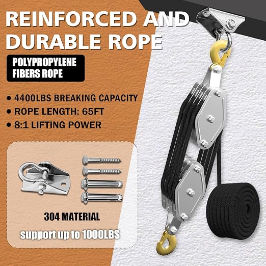 YATOINTO Rope Hoist Pulley System, 4400LB Block and Tackle Pulley System, 8:1 Lifting Power 65ft, Pulley Block for Lifting Loading Pulling with 1 Swing Hanger 2 Screws 2 Expansion Bolts