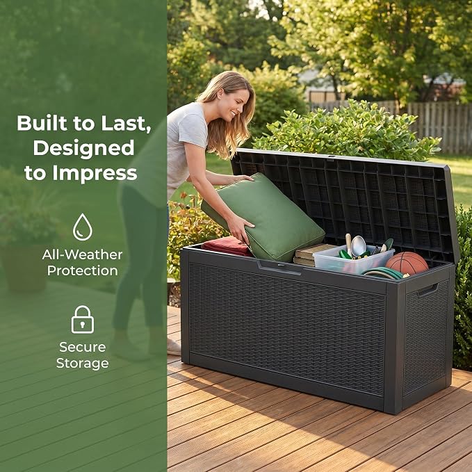60 Gallon Deck Box, Waterproof Resin Outdoor Storage Box Lockable for Patio Furniture, Fade Resistant Patio Side Table & Organizer for Garden Tools, Pool Floats, Outdoor Cushions, Black