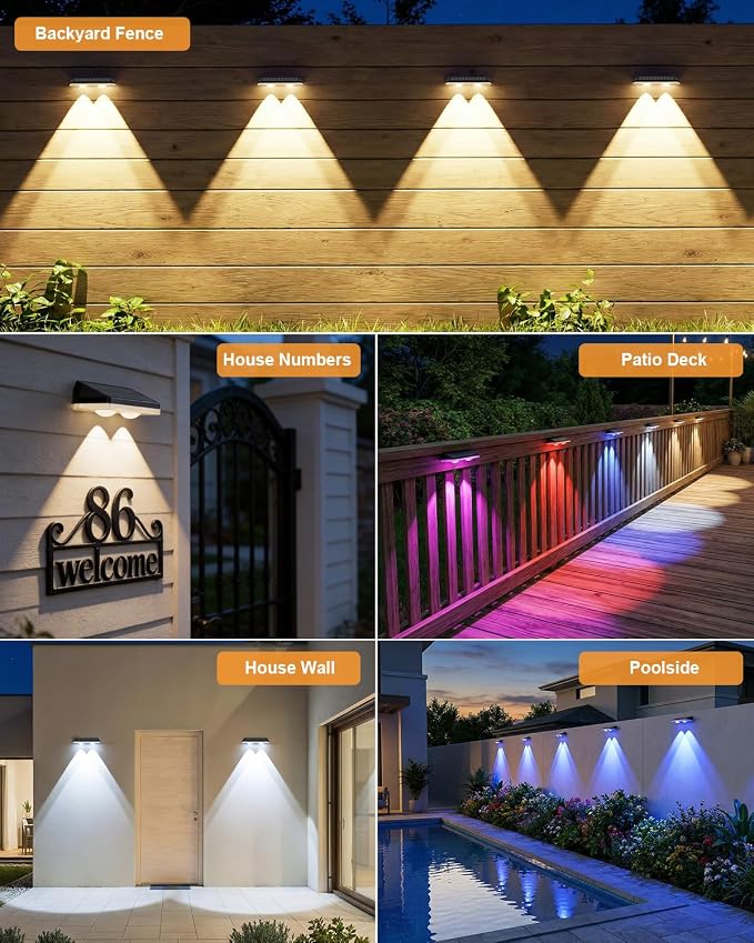 Solar Fence Lights Outdoor, 12 Pack Warm White & RGB 8 Colors Fence Lights Solar Powered Ultra-Bright LED Lens Waterproof Outdoor Solar Lights for Fence, Backyard, Railing, Patio, Wall, Step, Deck