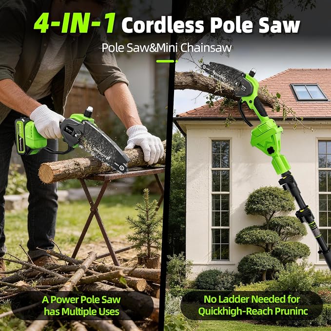 21V Cordless Pole Saw, 4-in-1 180° Rotatable Electric Tree Trimmer with 6/8 Inch Guide Bars,4000mAh Battery & Fast Charger, Telescopic Pole, Brushless Motor for Garden/Farm/Camping