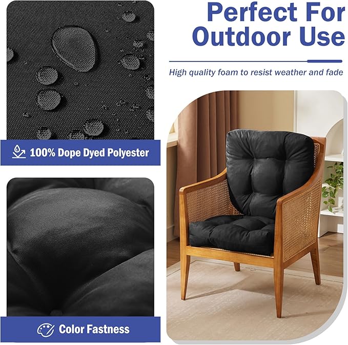 IPYNBAP Outdoor Chair Cushions Set of 2, Patio Chair Cushions with Ties,19x19+5” Tufted Outdoor Seat Cushions, Waterproof Patio Furniture Cushions, Outdoor Dining Chair Pads, Black