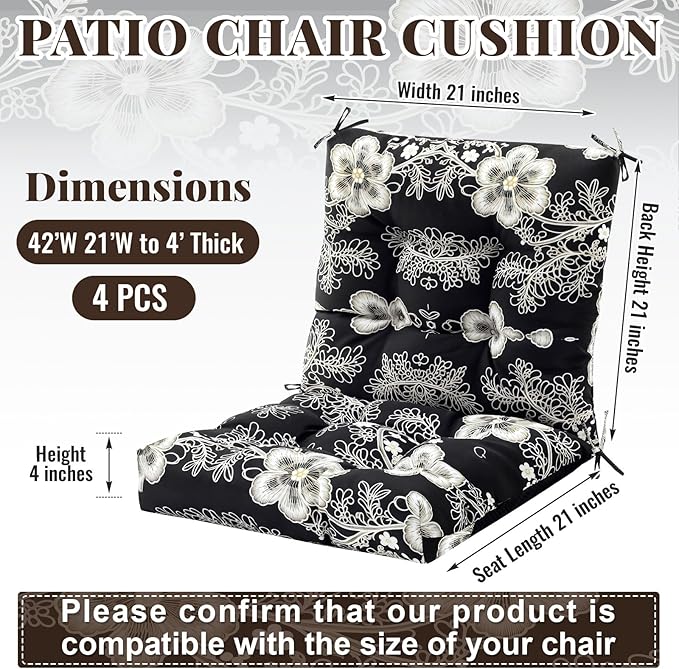 Marsui 4 Pcs Outdoor Indoor High Back Chair Cushions Patio Furniture Tufted Pillow with Ties Water-Resistant Replacement Outdoor Rocking Chair Cushions, 42 x 21 Inches (Black,Flower)
