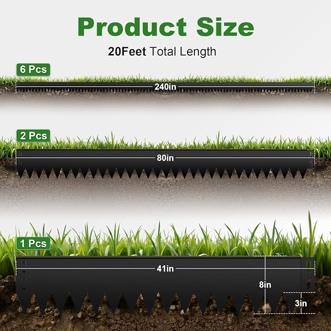 Metal Landscape Edging 6 Pack 40" L x 8" H, Galvanized Steel Landscape Lawn Edging with 90 Degree Rounded Top, Heavy Duty Lawn Edging, Easy-to-Install, Flower Bed Yard Pathway Divider