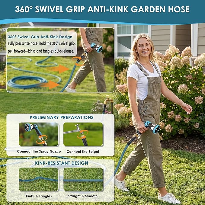 FlexiSolve NON-EXPANDABLE Garden Hose 25 ft, Ultra Lightweight Flexible Water Hose with 10-Pattern Nozzle & Shut-Off Valve, Holder, Leakproof & Kink-Resistant Reinforced Fittings for Yard Outdoor