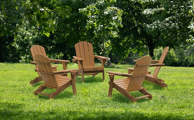 Folding Adirondack Chair, Wooden Textured Plastic Adirondack Chairs with 2 Cup Holder, Weather Resistant HDPE Fire Pit Chair, Outdoor Patio Chairs for Garden, Backyard, Lawn, Deck, 380LBS, Teak