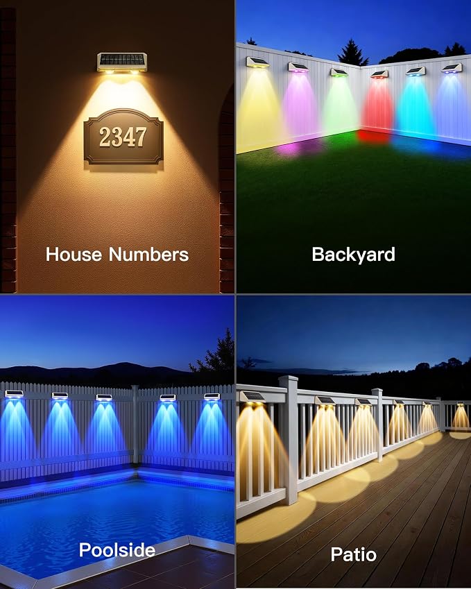 KEILAIMO Solar Fence Lights Outdoor, Fence Lights Solar Powered with Ultra-Bright LED Lens, 9 Color Modes, 12+ Hours Steady Glow for Deck/Backyard/Patio/Pool/Wall, 2 Pack, Matte White