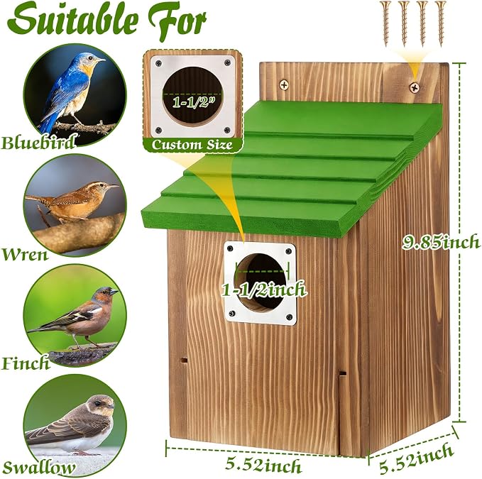 Dreyoo 8 Pack Bluebird Houses for Outside with Metal Predator Guard, 1-1/2" Entrance Hole Wooden Blue Bird Houses for Outdoors, Bluebird Nesting Box with Screwdriver(Green Roof, Burnt Wood Body)