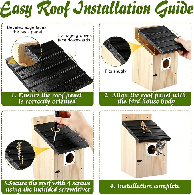Dreyoo 4 Pack Bluebird Houses for Outside with Metal Predator Guard, 1-1/2" Entrance Hole Wooden Blue Bird Houses for Outdoors, Bluebird Nesting Box(Black Roof, Wood Body)