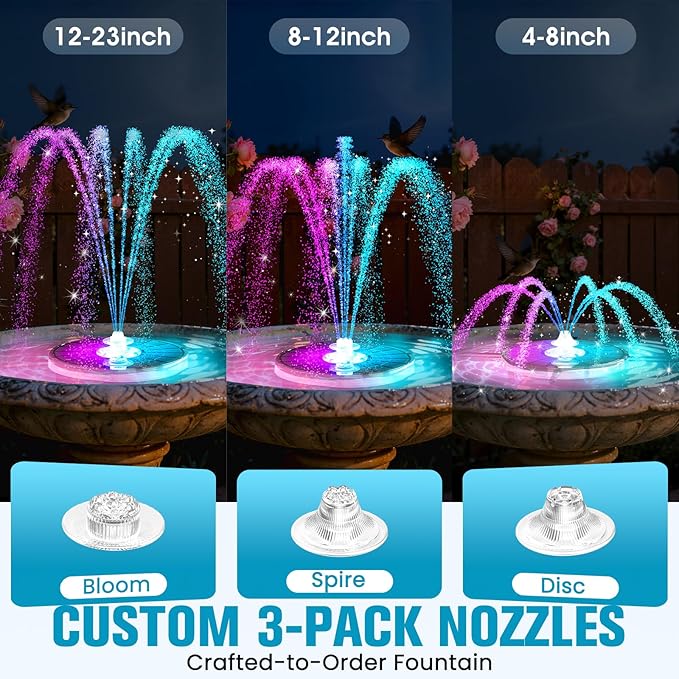 4000mAh Solar Fountain,2026 Solar Bird Bath Fountain Pump,3 Spray Solar Powered Water Fountain with Lights,Floating Birdbath Fountain,DIY Water Bird Bath Fountain for Outdoor,Garden,Pond-Black