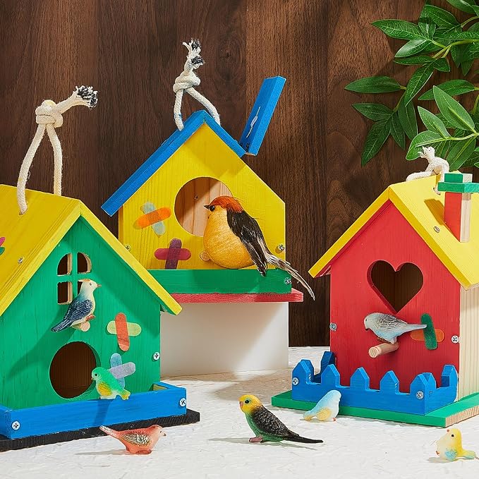 Juexica 4 Pack DIY Birdhouse Kits for Kids Ages 6+ Build and Paint Wooden Bird House Arts and Craft Project with Paint Strips Brushes for Boy Girl Adult Classroom Indoor Outdoor Crafts (Assorted)