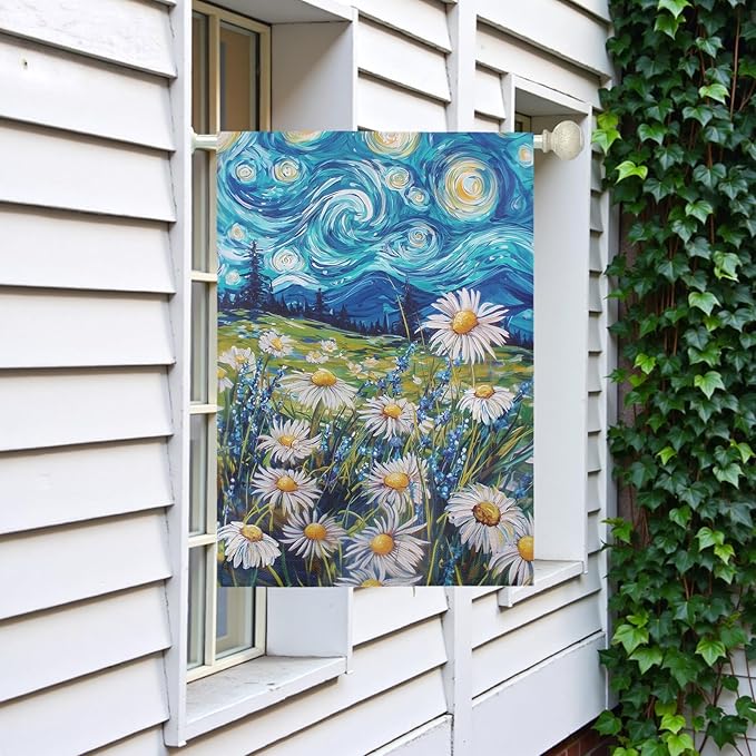 Spring Daisy Large Garden Flag Starry Night Van Gogh Style House Banner Vibrant Floral Meadow Landscape Seasonal Welcome Yard Flags for Summer Patio Lawn Porch Farmhouse Decor 28x40 Inch