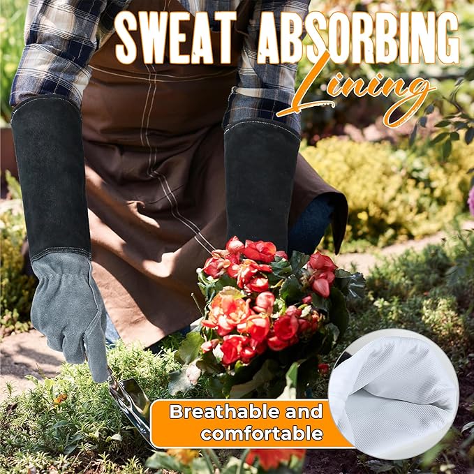 HANDLANDY Long Gardening Gloves for Men & Women, Cowhide Leather Rose Pruning Gloves, Breathable Thorn Proof Gauntlet Glove (Slate Gray, M)