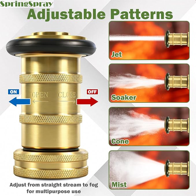 1" NPSH/NPT Brass Fire Hose Nozzle, Heavy Duty Adjustable Spray Jet Fog Nozzle, Constant Flow Industrial Firefighter Nozzle, 36 GPM, 100 PSI