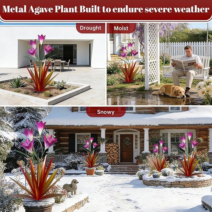 TOMBABY 32.28 Inch Metal Agave Plant Outdoor Decoration Lily Mexican Yard Art Garden Gift Home Decor Hand Painted Metal Agave Garden Yard Statue (1pc, Red)