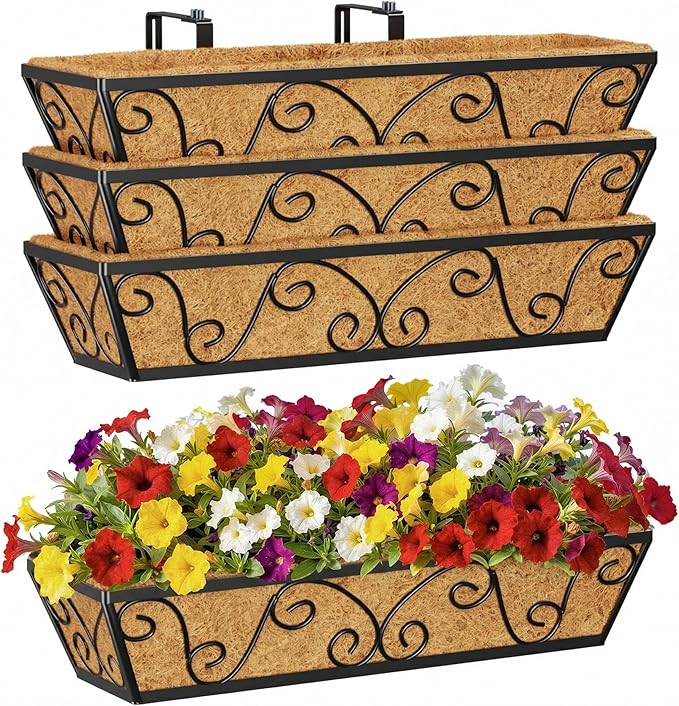 24 Inch Railing Planter Box 4 Pack, Adjustable Window Metal Box Planter with Coco Liner, Hanging Flower Planter for Balcony Deck Fence Porch Patio, Black