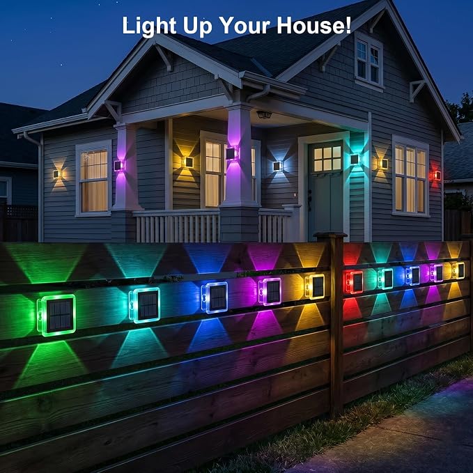 AUDLES Solar Fence Lights Outdoor, IP67 Waterproof 4-Sided Glow Solar Wall Lights, RGB 8 Modes Color Changing Solar Garden Light for Patio Pool Step Porch Yard-12 Pack