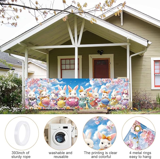 10x3 ft Extra Large Happy Easter Banner Outdoor 115''x35'' Cut Rabbit Banner for Fence Outside Garden Large Bunny Banners Yard