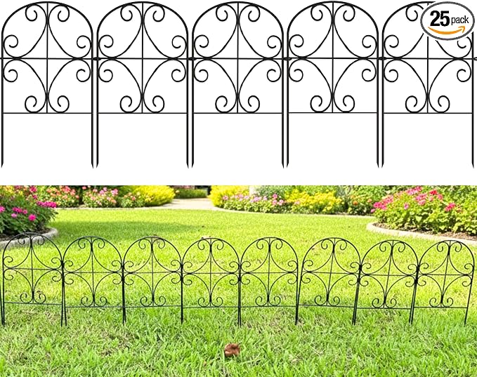 ShopLaLa Garden Fence Border Animal Barrier (25 Panels) 12in(L) x 24in(H) Decorative Fencing Rustproof Metal Flower Bed Edging for Landscape, Black Wire Fences Butterfly Arch Panel Outdoor Patio Decor