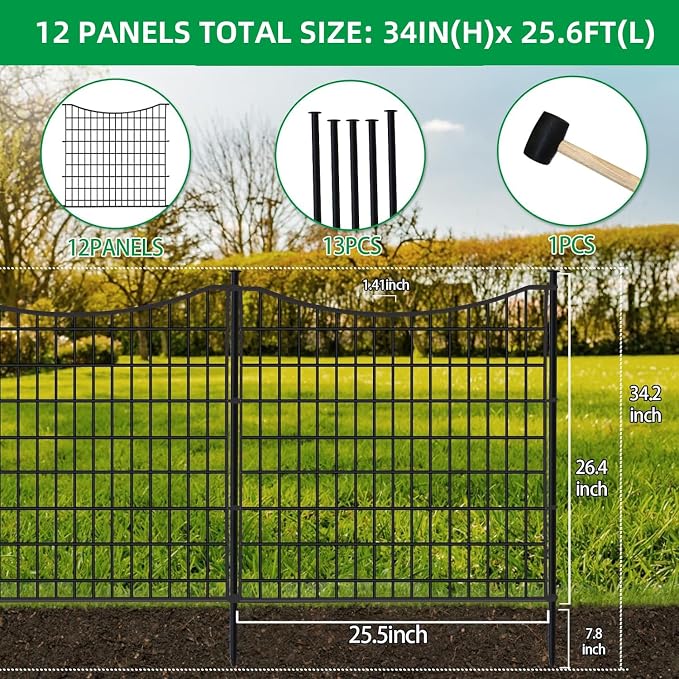 12 Panels No Dig Decorative Outdoor Garden Fence, 26.4 in(H) X 25.5 ft(L) Animal Barrier Fencing, Rustproof Metal Wire Panel Border, Temporary Ground Stakes for Patio, Outdoor