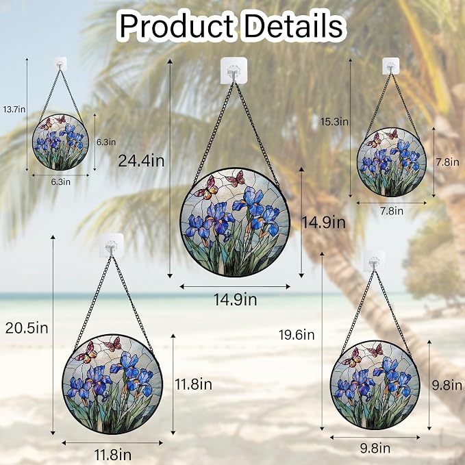 DASTOLL Stained Glass Window Hanging, Blue Iris Flowers Butterfly Suncatcher Diamond Colorful Glass Panel Sun Catchers Decor for Birthday for Women, Men, Wife, Aunt, and Mom 7.8 in