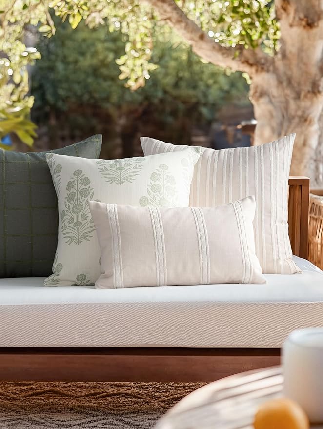 Crumbs Home Modern Farmhouse Fall Linen Indoor Outdoor Lumbar Pillow Cover Only, 12"x20" Water Repellent for Patio, Backyard, Couch, Neutral Beige Embroidered Stripes