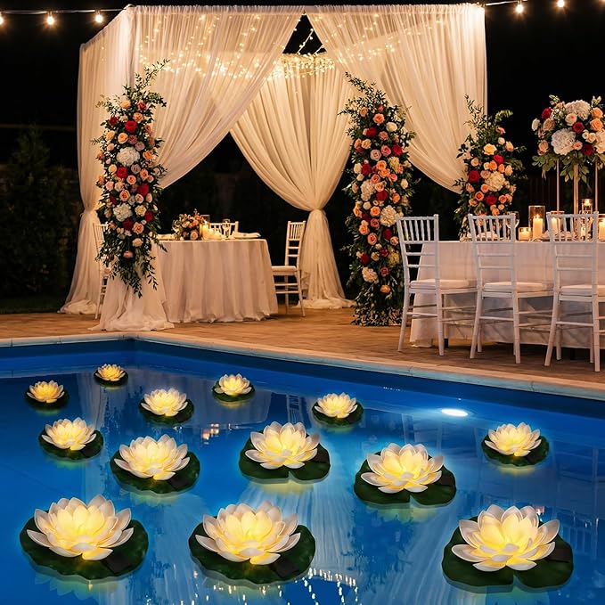 12 PCS Solar Floating Lotus Pool Lights - 7.09'' Waterproof Floating Flower with Light, Solar Water Activated Pool Lotus Lamp for Garden Pond Wedding Party Decoration (White)