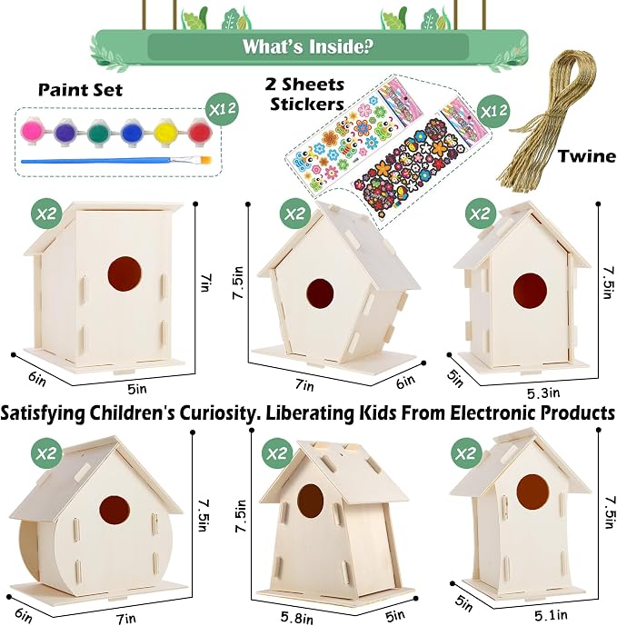 12 Pack Large DIY Bird Houses Kits for Kids, Kids Craft Kits Wood Houses for DIY Crafts Class Party, 12 Birdhouse Kits with 12 Paint Strips & Paintbrushes & Stickers for Children to Build & Paint (12)