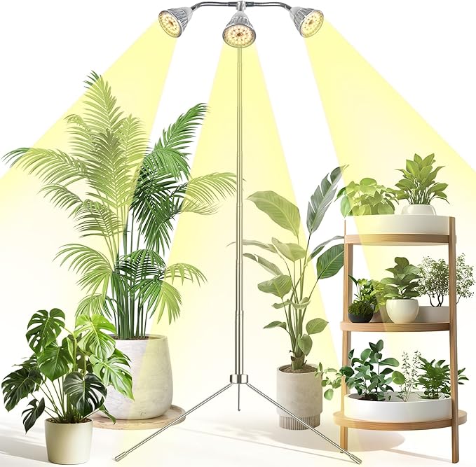 Full Spectrum Grow Lights for Indoor Plants, 3 Heads Aluminum Alloy Growing Lamps Covers More Plants, 15-62In Height Adjustable Plant Light with Detachable Tripod Stand, Auto On/Off Timer for Offices