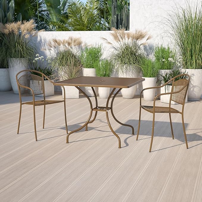 Flash Furniture Oia Commercial Grade 35.5" Square Gold Indoor-Outdoor Steel Patio Table with Umbrella Hole
