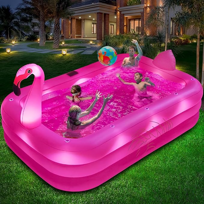 Inflatable Pool with Lights, Solar Flamingo Swimming Pool for Kids,Adults Inflatable Blow up Pool, Large Kiddie Pool,Durable Thickened Kids Pool for Backyard,Outdoor,100"X63"X20"-Bright Pink